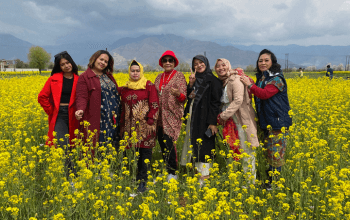 Ladang mustard kuning cerah di lembah Kashmir saat musim panas, dengan latar belakang pegunungan Himalaya yang hijau dan langit biru.